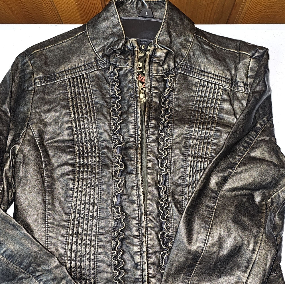 Women's Deep Brown Faux Leather Jacket (Distressed Look) with Ruffle Trim